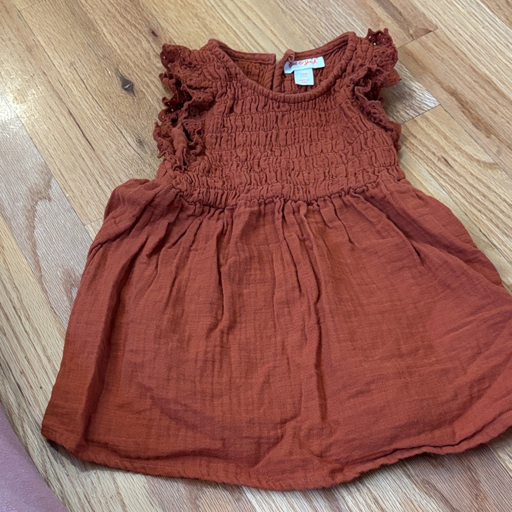 Smocked Ruffle Shoulder Dress in Rust for Girls